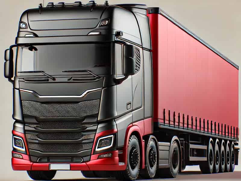 Un camion negro con remolque rojo